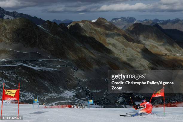 Marco Odermatt of Team Switzerland in action during the Audi FIS Alpine Ski World Cup Men's Giant Slalom on October 23, 2022 in Soelden, Austria.