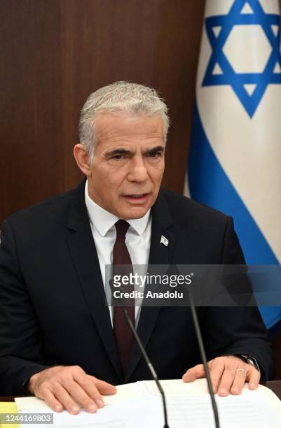 Israeli Prime Minister Yair Lapid speaks at the weekly cabinet meeting on the appointment of Herzi Halevi as Chief of General Staff, replacing Aviv...