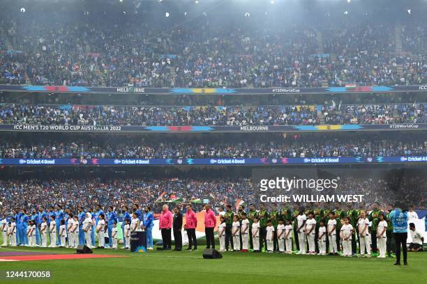 Team India and Pakistan line up for the national anthems during the ICC men's Twenty20 World Cup 2022 cricket match between India and Pakistan at...