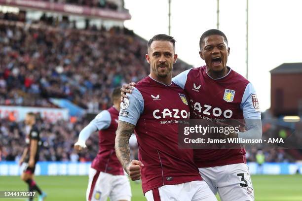 Danny Ings of Aston Villa celebrates after scoring a goal to make it 2-0 with Leon Bailey during the Premier League match between Aston Villa and...