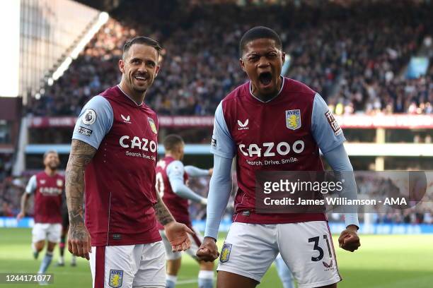 Danny Ings of Aston Villa celebrates after scoring a goal to make it 2-0 with Leon Bailey during the Premier League match between Aston Villa and...