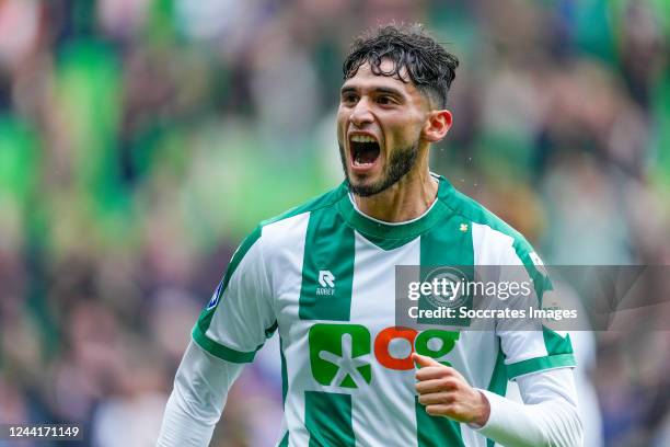 Ricardo Pepi of FC Groningen celebrates 2-0 during the Dutch Eredivisie match between FC Groningen v PSV at the Hitachi Capital Mobility Stadion on...