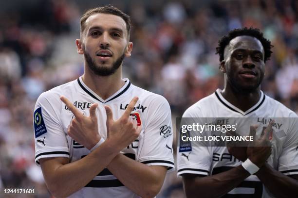 Rennes' French forward Amine Gouiri celebrates after scoring his team's first goal during the French L1 football match between SCO Angers and Stade...