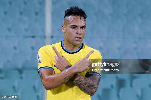 Lautaro Martinez of FC Internazionale celebrates after scoring third goal during the Serie A match between ACF Fiorentina and FC Internazionale Milan...