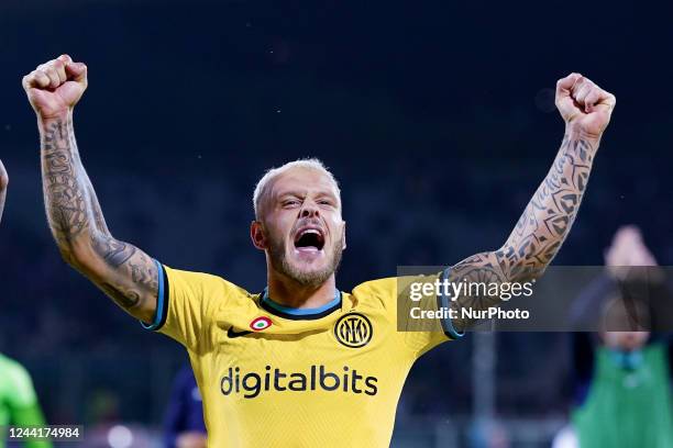 Federico Dimarco of FC Internazionale celebrates the victory during the Serie A match between ACF Fiorentina and FC Internazionale Milan at Stadio...