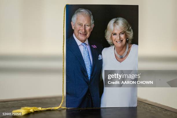 An image of Britain's King Charles III and Camilla, Queen Consort, is seen on the front of one of the first birthday cards to be sent to members of...