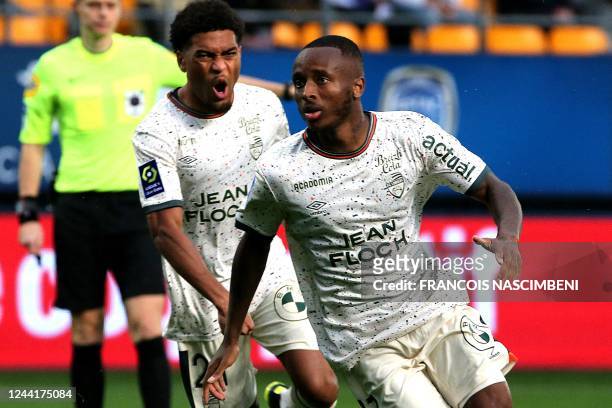 Lorient's forward Stephane Diarra celebrates after scoring a goal during the French L1 football match between Troyes and Lorient on october 23, 2022...