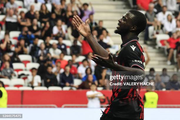 Nice's Ivorian forward Nicolas Pepe reacts during the French L1 football match between OGC Nice and FC Nantes at the Allianz Riviera Stadium in Nice,...