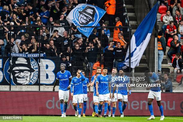 Genk's Paul Onuachu celebrates with team mates after scoring a goal during the Belgian Proleague football match between Antwerp and KRC Genk on...