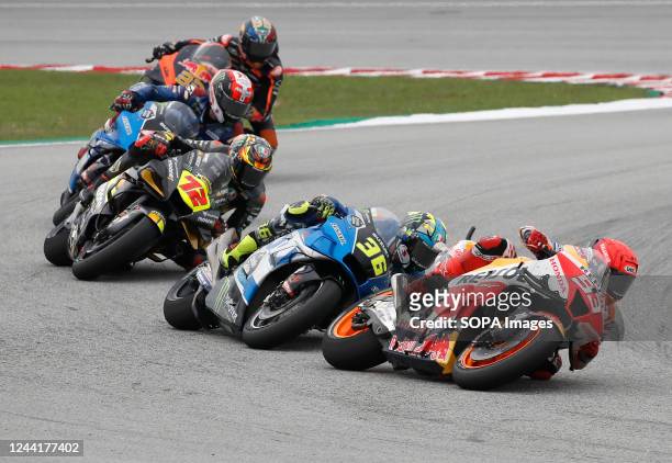 Spanish rider Marc Marquez of Repsol Honda Team leads the pack during the MotoGP race of the Petronas Grand Prix of Malaysia at Sepang International...