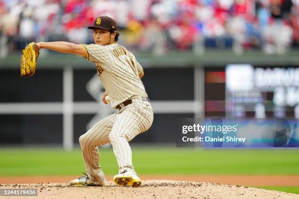 Yu Darvish of the San Diego Padres pitches in the first inning during Game 5 of the NLCS between the San Diego Padres and the Philadelphia Phillies...