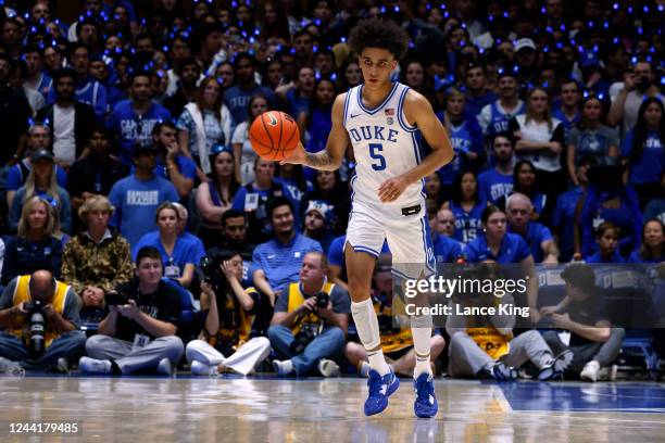 Tyrese Proctor of the Duke Blue Devils moves the ball up court during Countdown to Craziness at Cameron Indoor Stadium on October 21, 2022 in Durham,...
