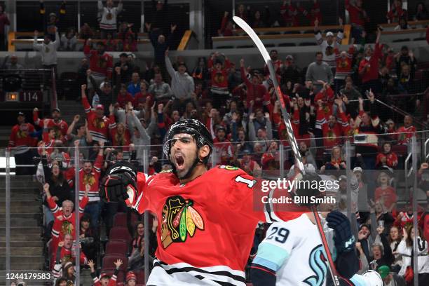 Jujhar Khaira of the Chicago Blackhawks reacts after scoring against the Seattle Kraken in the first period at United Center on October 23, 2022 in...