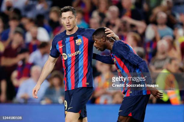 Robert Lewandowski of FC Barcelona celebrates 3-0 with Ousmane Dembele of FC Barcelona during the La Liga Santander match between FC Barcelona v...