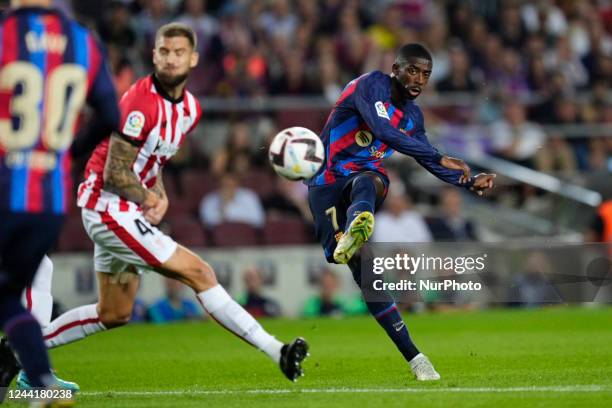 Ousmane Dembele right winger of Barcelona and France shooting to goal during the La Liga Santander match between FC Barcelona and Athletic Club at...