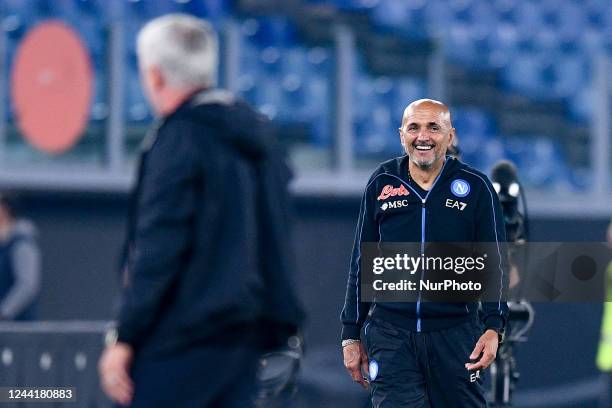 Luciano Spalletti of SSC Napoli smiles after Jose Mourinho of AS Roma protests with the referee during the Serie A match between AS Roma and SSC...