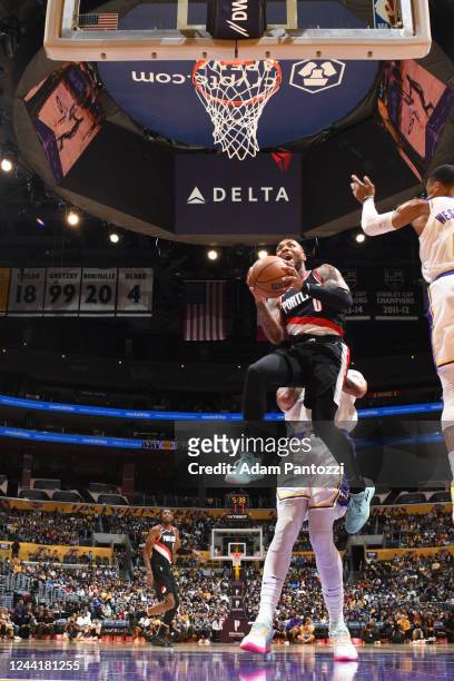 Damian Lillard of the Portland Trail Blazers drives to the basket during the game against the Los Angeles Lakers on October 23, 2022 at Crypto.Com...