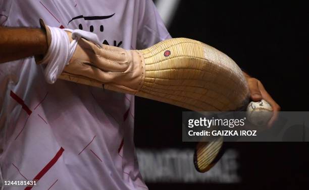 Player gets ready to serve during the Basque Pelota World championships in Biarritz, southwestern France on October 23, 2022.