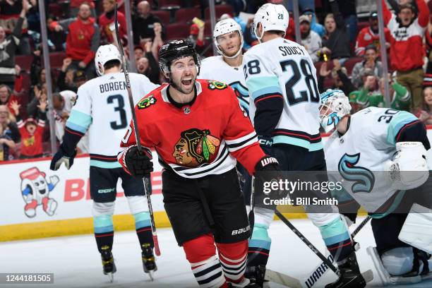 Tyler Johnson of the Chicago Blackhawks reacts after scoring against the Seattle Kraken in the third period at United Center on October 23, 2022 in...