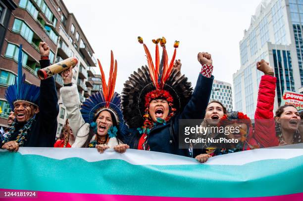 Group of indigenous people is leading the massive demonstration for the climate organized in Brussels, on October 23rd, 2022.