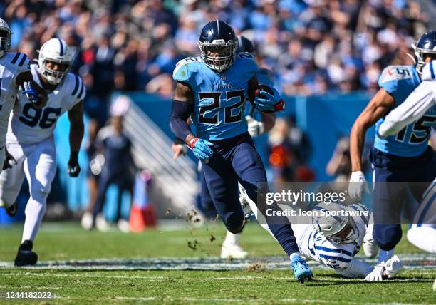 Tennessee Titans running back Derrick Henry runs with the ball during the Tennessee Titans game versus the Indianapolis Colts on October 23 at Nissan...