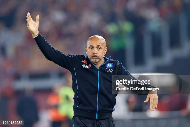 Head coach Luciano Spalletti of SSC Napoli gestures during the Serie A match between AS Roma and SSC Napoli at Stadio Olimpico on October 23, 2022 in...