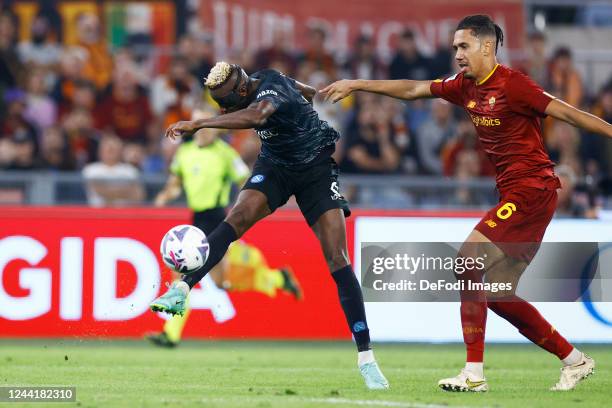 Victor Osimhen of SSC Napoli scores his team's first goal during the Serie A match between AS Roma and SSC Napoli at Stadio Olimpico on October 23,...