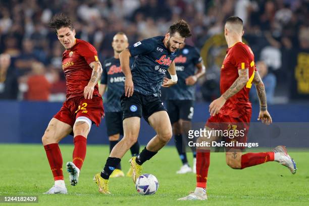 Khvicha Kvaratskhelia of SSC Napoli controls the ball during the Serie A match between AS Roma and SSC Napoli at Stadio Olimpico on October 23, 2022...