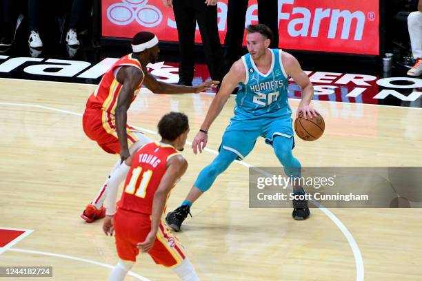 Gordon Hayward of the Charlotte Hornets handles the ball against the Atlanta Hawks on October 23, 2022 at State Farm Arena in Atlanta, Georgia. NOTE...