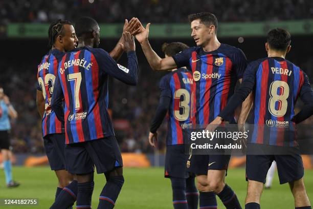 Barcelona's French forward Ousmane Dembele celebrates his goal during the La liga football match between FC Barcelona vs Bilbao FC at the Camp Nou...