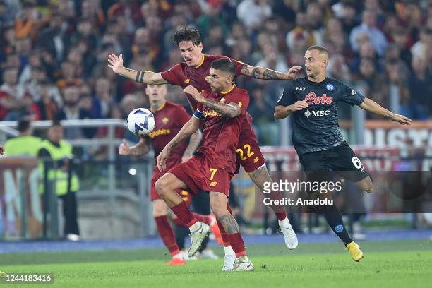 October 23 : Nicolo Zaniolo and Lorenzo Pellegrini of AS Roma in action against Stanislav Lobotka of SSC Napoli during the Serie A soccer match...