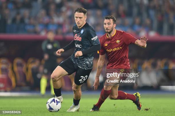 October 23 : Piotr Zielinski of SSC Napoli in action against Bryan Cristante of AS Roma during the Serie A soccer match between AS Roma and SSC...