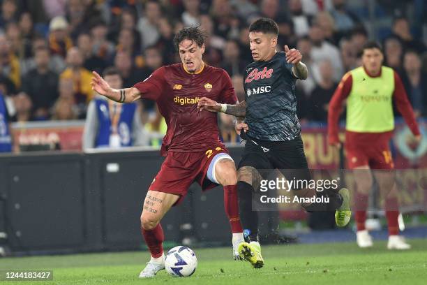 October 23 : Nicolo' Zaniolo of AS Roma in action against Oliveira Miramontes of SSC Napoli during the Serie A soccer match between AS Roma and SSC...