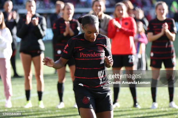 Crystal Dunn of Portland Thorns FC celebrates her goal following her team's win over San Diego Wave FC in the NWSL semifinals at Providence Park on...