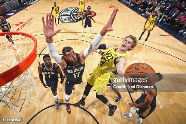 Lauri Markkanen of the Utah Jazz drives to the basket during the game against the New Orleans Pelicans on October 23, 2022 at the Smoothie King...