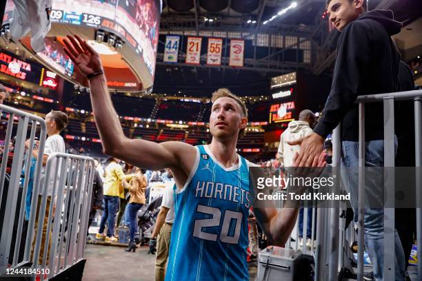 Gordon Hayward of the Charlotte Hornets leaves the court at the conclusion of the game against the Atlanta Hawks at State Farm Arena on October 23,...