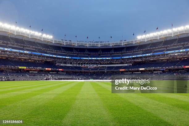 General view of Yankee Stadium with the tarp on the field prior to Game 4 of the ALCS between the Houston Astros and the New York Yankees on Sunday,...