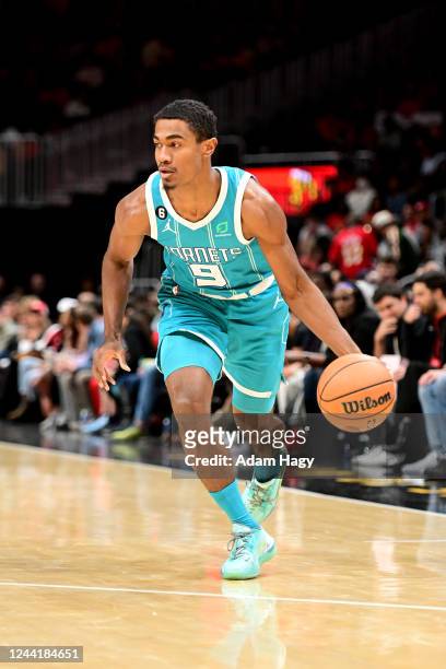 Theo Maledon Charlotte Hornets dribbles the ball against the Atlanta Hawks on October 23 1, 2022 at State Farm Arena in Atlanta, Georgia. NOTE TO...
