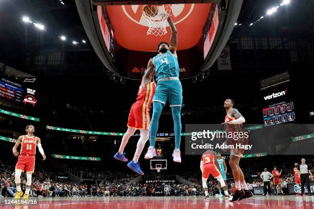 Nick Richards of the Charlotte Hornets dunks during the game against the Atlanta Hawks on October 23 1, 2022 at State Farm Arena in Atlanta, Georgia....