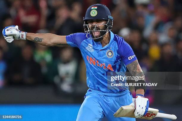 India's Virat Kohli celebrates after their win during the ICC men's Twenty20 World Cup 2022 cricket match between India and Pakistan at Melbourne...