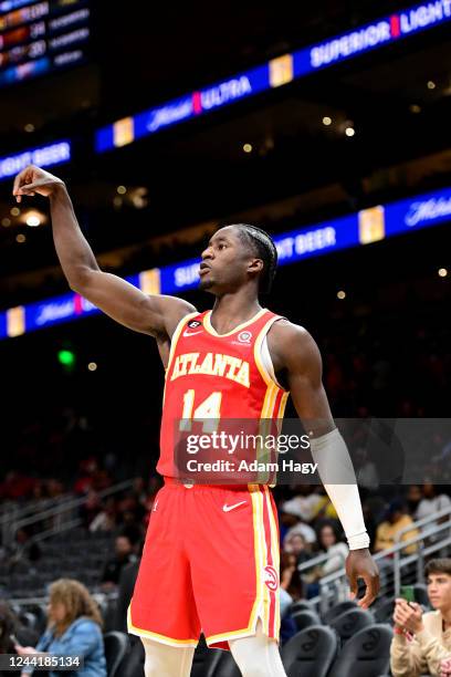 Griffin of the Atlanta Hawks looks on during the game against the Charlotte Hornets on October 23 1, 2022 at State Farm Arena in Atlanta, Georgia....