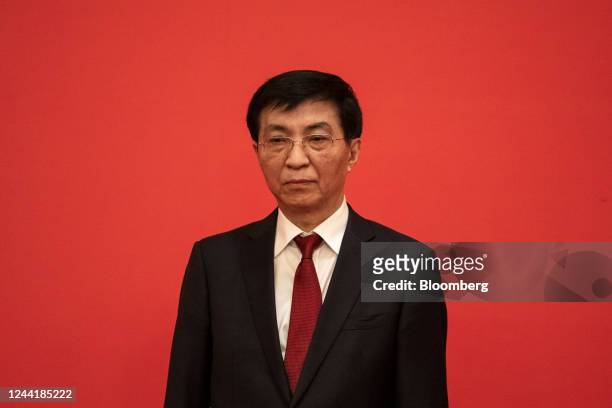 Wang Huning, member of the Communist Party of China's new Politburo Standing Committee, on stage during its unveiling at the Great Hall of the People...
