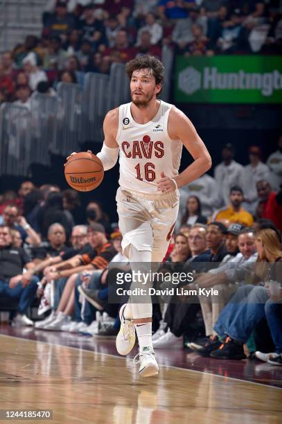 Cedi Osman of the Cleveland Cavaliers dribbles the ball against the Washington Wizards on October23, 2022 at Rocket Mortgage FieldHouse in Cleveland,...