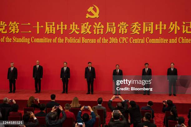 Xi Jinping, China's president, center, with Li Xi, from left, Cai Qi, Zhao Leji, Li Qiang, Wang Huning and Ding Xuexiang, members of the Communist...