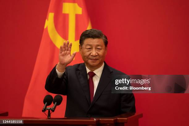 Xi Jinping, China's president, during the unveiling of the Communist Party of China's new Politburo Standing Committee at the Great Hall of the...