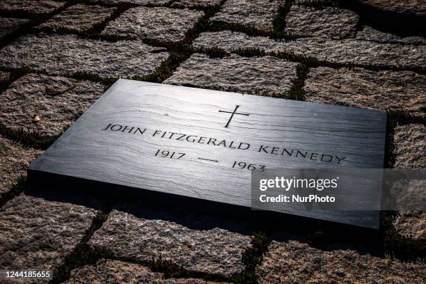 Headstone of U.S. President John Fitzgerald Kennedy at Arlington National Cemetery on October 20, 2022 in Arlington, Virginia, United States.