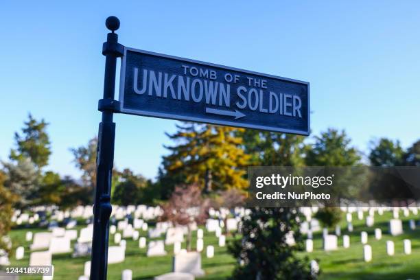 Sign of Tomb of the Unknown Soldier is seen at Arlington National Cemetery on October 20, 2022 in Arlington, Virginia, United States.
