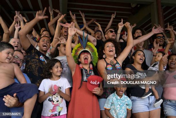 Celia Xakriaba , the first indigenous woman elected Federal Deputy for the state of Minas Gerais, cheers with supporters during a meeting in...