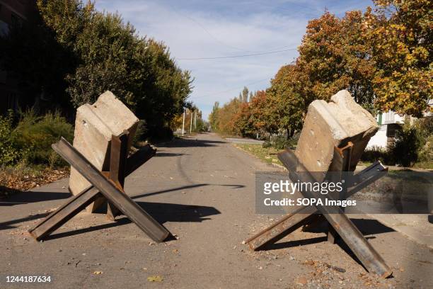 Anti-tank street barricades are seen in downtown Bakhmut. Bakhmut has been one of the worst-shelled cities on the frontlines of the war in Donbas...