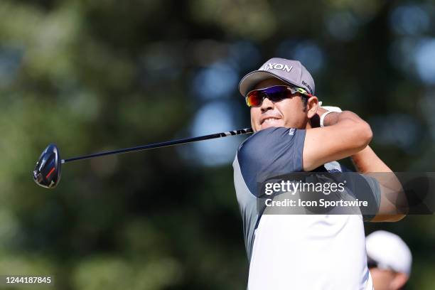 Hideki Matsuyama of Japan hits a drive at the fourth hole during the first round of The CJ Cup in South Carolina at Congaree Golf Club in Ridgeland,...